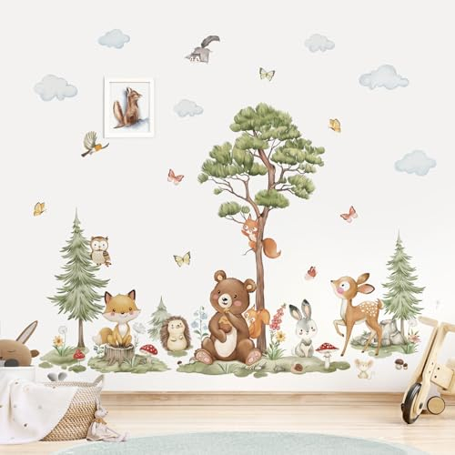 wondever Wandtattoo Waldtiere Baum Groß Kiefer Wandaufkleber Tiere Bär Fuchs Reh Wandsticker Wanddeko für Kinderzimmer Mädchen Babyzimmer