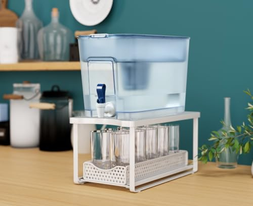 Water Dispenser Stand for Countertop-Metal Black Water Filter Stand 14.5x7.7x6.9,with Drawers Suitable,Compatible with Brita Water Pitcher and Zerowater Pitcher (White)