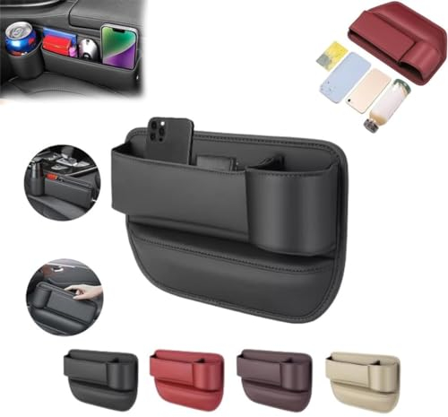 EHOTER Car Leather Cup Holder Gap Bag Seat Gap Storage Box Adjustable Car Seat Storage Box Leather Cup Holder Gap Bag with Cup Holder for Phones Glasses Keys Cards (Passenger Seat,Black)