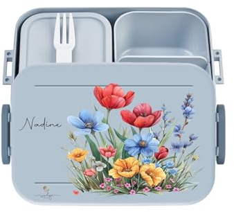 wolga-kreativ personalisierte auslaufsicherer Lunchbox Erwachsene Frau Brotdose Mepal mit Frau Mohnblumen Motiv Brotzeitbox Vesperdose mit Namen 2 Unterteilung Fächer bedruckt