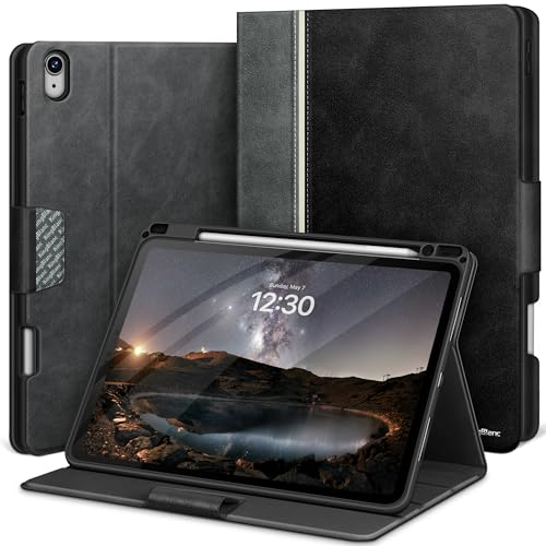 KingBlanc Étui pour iPad Air 13 (M3 2025/M2 2024) avec porte-crayon, support de protection en cuir végétalien, fonction veille/réveil automatique, multi-angles pour visualisation/dessin, prend en