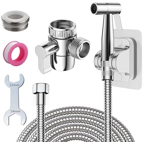 Roscid Kit Douchette WC avec Vanne 3 Voies et Tuyau 2m, Kit de Bidet de Toilette avec Support, Pulvérisateur de Bidet à Main pour Toilettes avec Adaptateur G1/2 pour l'hygiène Personnelle(Argent Tuyan