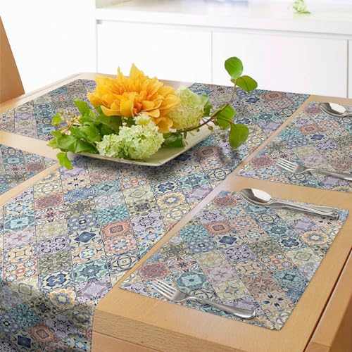 ABAKUHAUS Geometrisch Tischläufer & 4 Stück Tischsets, Stilisierte Pastell Oriental Mosaik Quadrat Scraps kaleidoskopischen Wirkung Fliesen-Muster, Tischdeko-Set, 180 x 40 cm, Beige Teal Gelb
