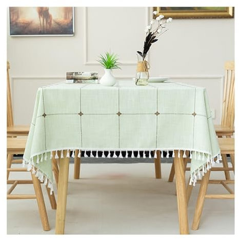 AMDXD Tischdecke 140x240CM, Kariert mit Quaste Tischtücher Baumwolle, Outdoor Tischdecke Geburtstag Dauerhaft Kratzfest Mitteldecke für das ganze Jahr, Grün