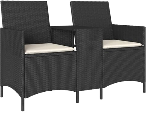 vidaXL Gartensofa 2-Sitzer, Gartenbank mit Tisch Kissen, Sitzbank für Garten Terrasse Balkon, Gartenmöbel Gartensessel, Schwarz Poly Rattan