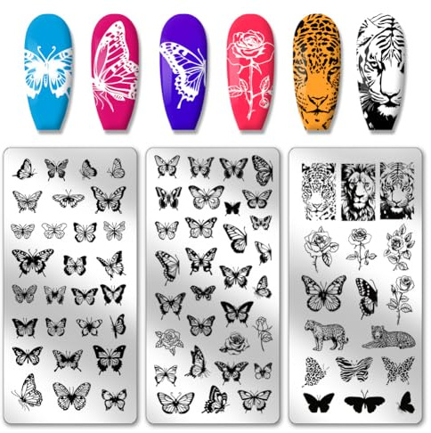 PH PandaHall 3pcs Schmetterlinge Nail Stamper, Lion Tiger Nail Stamping Plate Nail Art Stencils Print Nagelschablonen Edelstahl Nagelbildschablonen für Nail Art Design
