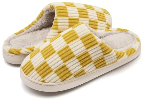 Guyarns Memory Foam Checkered Slippers for Women and Men - Anti-Skid Sole, Indoor Outdoor Cloud House Slippers (Yellow, 8.5/9.5 UK)