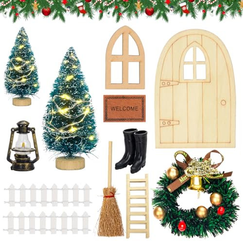 Set Porta Elfo, Decorazione Natalizia Porta Gnomo con Albero di Natale, 13 Pezzi Porta Elfo Natale Set, Set di Accessori per Porta Gnomo, Legno Porta delle Fate, Regalo fai da te in per Ragazze