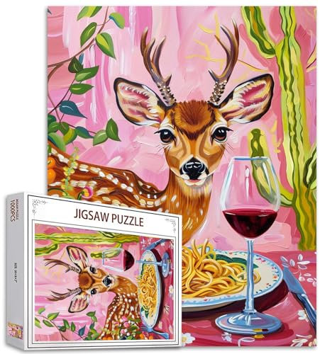 Lustige Tiere Jigsaw Puzzles für Erwachsene,1000 Teile,Niedliche Hirsche Essbilder (Wein Pasta) Rosa Kunst Puzzle,Multicolor DIY Puzzles für Familien Dekoration,Perfekt für Spiele Abende