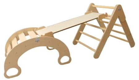 mamikids Minions - Percorso con Triangolo Richiudibile Salvaspazio, Scivolo e Arco Montessoriano per Bambini che Diventa Dondolo, Giochi Educativi Montessori in Legno Naturale, Made in Italy