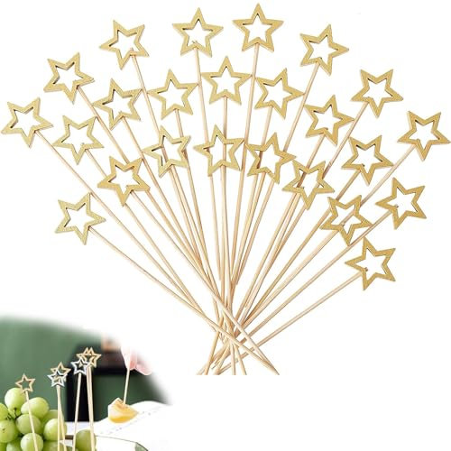 50 Stück Stern Cocktailspieße, Gold Holzspieße Fingerfood Spieße, Cocktailspieße Cocktail Sticks, Zahnstocher Obstspieße Weihnachten Cocktail Picks, für Grillgut,Obst,Cupcake,Cocktail Dekoration
