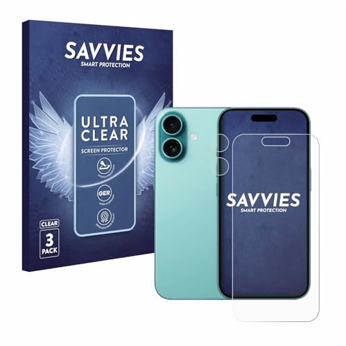Savvies Schutzfolie für Apple iPhone 16 | (Display+Kamera) 6 Stück Transparenter Displayschutz Made in Germany Ultra-Klar Displayschutz-Folie
