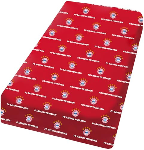 FC Bayern München Spannbettlaken Rot – 90-100 cm x 190-200 cm – 100% Baumwolle – Mia san mia – Fußball - Rekordmeister - FCB – Bundesliga Bettlaken & Spannbetttuch passend zur Bettwäsche