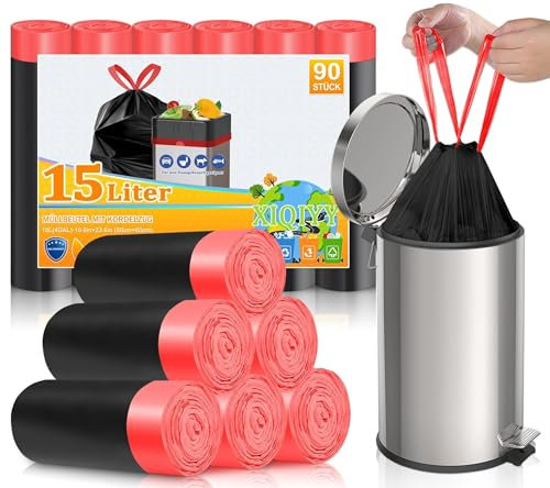 XIQIYY Müllbeutel 15L mit Zugband Schwarz Müllsäcke 90 Stück Mülltüten mit Tragegriff Abfallbeutel