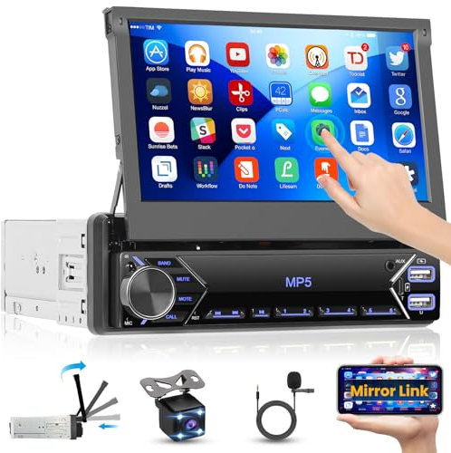 Hikity 1 DIN Radio Coche Bluetooth con 7 Pulgadas Manual Pantalla Táctil Plegable Autoradio Bluetooth con Enlace Espejo SB AUX-in Tarjeta TF + Cámara Visión Trasera USB Type-C