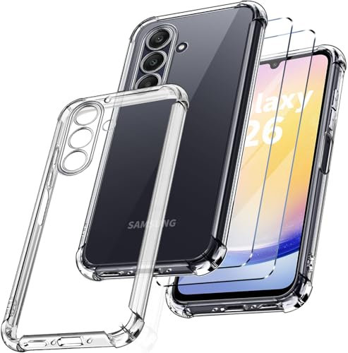 New&Teck Coque pour Samsung Galaxy A26 5G + 2 Verre Trempé Protection écran, Housse Etui en Silicone TPU Souple, Bumper avec Coins Renforcés, Protection Claire Transparent