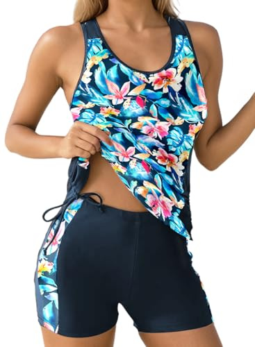 Dokotoo Women's Tankini Sets Two Piece Tops with Shorts Swimsuits for Women Bathing Suits Floral Printed Beach Vacation Clothes Tummy Control Swimwear Womens Swimsuit S-XXL