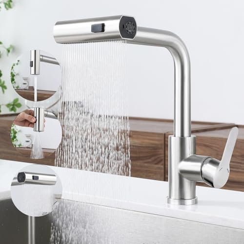 Mursche Wasserhahn Küche Küchenarmatur Ausziehbar - Waterfall Mischbatterie mit Brause Spültischarmatur 360° Drehbar Armatur mit 3 Strahlarten Spüle Küchenwasserhahn Gebürsteter Nickel Edelstahl