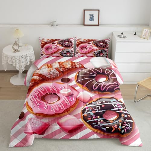 Juego de ropa de cama de 3 piezas para cama King Size con rosquillas de chocolate, caramelos, croissant pan, colorido, comida, graffiti, rosa y blanco, a rayas, para dormitorio de adultos, 2 unidades