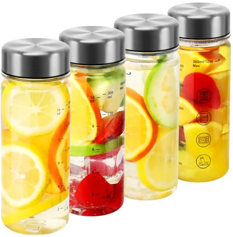 BuildLife Plastic Water Bottle with Stainlesss Steel Lid, 350ML Reusable Tritan Drinking Bottles BPA-Free Leak Proof Beverage Juice Container for School Office Sports (4pcs 350ml)