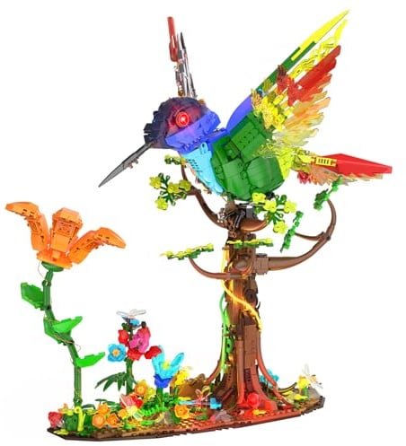 Brihappen Kolibri Klemmbausteine für Erwachsene, LED Vogel Bauset | 1.704 Teile, 46,7 × 32,5 × 41,6 cm, LED mit 2 Modi, bewegliche Flügel, Schnabel und Schwanzfedern, Deko-Modell ab 14 Jahren