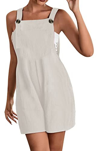 Generisch Salopette da donna, corto, sexy, in lino, tuta da donna, estiva, spiaggia, un pezzo unico, elegante, senza maniche, casual, con tasche, con bottoni, pantaloni in lino, comodi pantaloncini