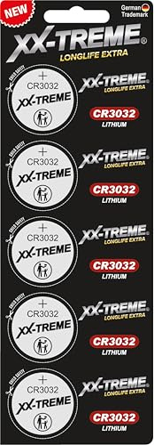 5 batterie a bottone XX-TREME CR 3032, al litio, 3 V, confezione sicura per bambini, per dispositivi Smart Home, chiavi dell'auto e molto altro ancora, alta qualità e migliori prestazioni