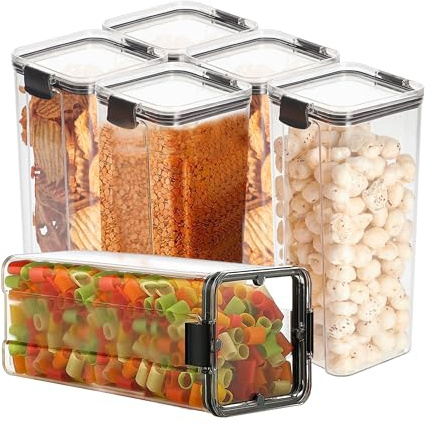 STL Food Storage Containers with Lids, Airtight Plastic Kitchen Storage Containers With Locking Clips, BPA Free, Clear Kitchen Container For Dry Food, Flour (6, Black, 1800ml)