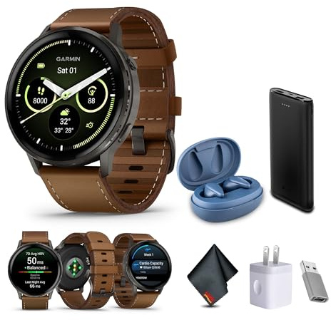 Garmin Venu 4, 45 mm, Advanced Fitness und Multisport Tracker GPS Smartwatch, 1,4 Zoll AMOLED Display, integrierte Taschenlampe, 12 Tage Akkulaufzeit, Schiefer mit braunem Lederband