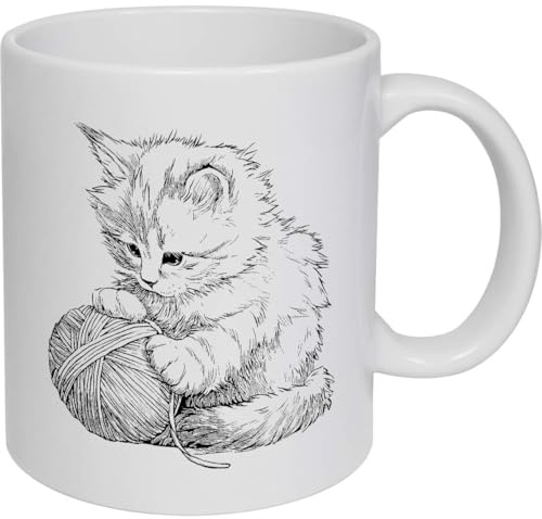 Azeeda 11oz (320ml) 'Cute Fluffy Kitten with Ball of Yarn' Ceramic Mug/Cup (MG00095181)