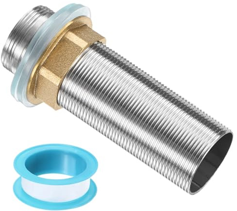 sourcing map Faucet Mount Extension Shank 10cm x 32mm Stainless Steel Pipe Faucet Extension Nipple Locknut Kit Extension Threaded Lengthen Fixed High Foot with Raised Nut and Gasket Fittings