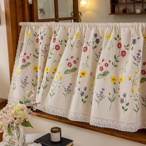 Yaland Leinenoptik Scheibengardine mit Blumenstickerei Landhausstil Kurzstore mit Spitzenrand halbverdunkelnder Sichtschutz für Küche, Bad & Tür (HxB 60x120cm) 1 Stück
