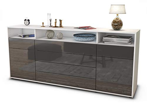 Stil.Zeit Sideboard Evelina, Korpus Weiss matt, Front Hochglanz Graphit (180x79x35cm) Push-to-Open Technik & Leichtlaufschienen