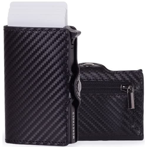 Moneyhold® Porte-Cartes Bancaire Unisexe - Portefeuille Slim en Simil-Cuir Vegan Anti Piratage RFID, Compact et Élégant (B - avec Porte-Monnaie, 1 - Carbon - Noir/Noir)