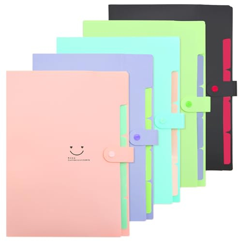 Nordun 5 Pack Expanding File Folders/Accordion Document Organiser with Labels, Letter A4 Paper Plastic File Wallet Folder with Snap Button,5 Pockets Expandable File Jackets for School Office Home