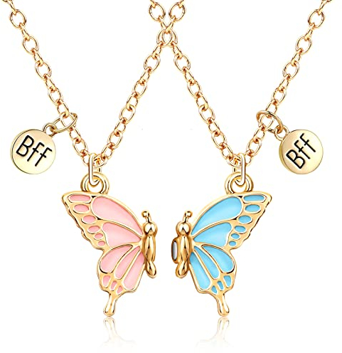 MJARTORIA Freundschaftsketten für 2 Damen Mädchen BFF Halskette Schmetterling Schmuck Anhänger Beste Freundin Kette Puzzle Best Friends Gravur Kinder (Rosa Blau)