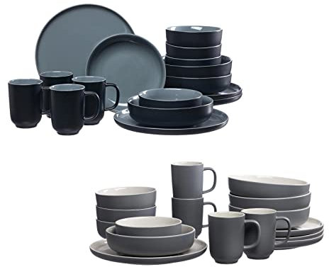 Ritzenhoff & Breker XXL Kombiservice Jasper für 8 Personen, Grau & Schwarz, Speiseteller ø 26 cm, Müslischale ø 14 cm, Suppenschale ø 19 cm, Kaffeebecher 285 ml, Steinzeug, Spülmaschinengeeignet