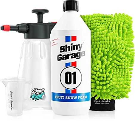 Shiny Garage Fruit Snow Foam Aktivschaum (1L) hochkonzentrierter Snow Foam + chemicalworkz waschhandschuh + Schaumsprüher - schonende Autowäsche - Vorreiniger, Shampoo, pH-neutral, waschen | 5-teilig