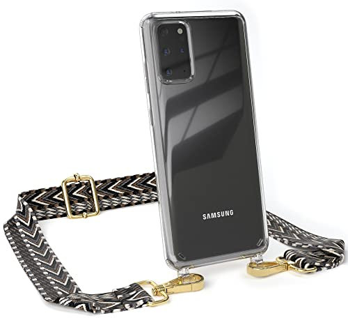 EAZY CASE Handykette - Verstellbarer Gurt kompatibel mit Samsung Galaxy S20 Plus / S20 Plus 5G, Kordel, Handykordel mit durchsichtiger Hülle, Hülle mit Kette, Grau/Schwarz - Metall Gold