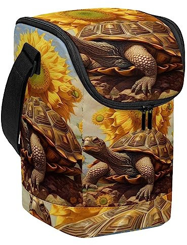 MUOOUM Lonchera reutilizable con diseño de girasol y tortuga, lonchera vertical grande con correa ajustable para el hombro