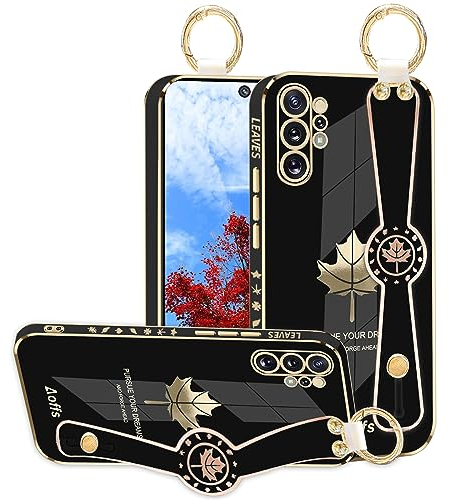 Yarxiawin Kompatibel mit Samsung Galaxy Note 10 Plus hülle Silikon mit Band Handschlaufe, Handyhülle Samsung Note 10 Plus 5G mit Ständer Schutzhülle Ahornblatt Muster Case Aesthetic (Schwarz)