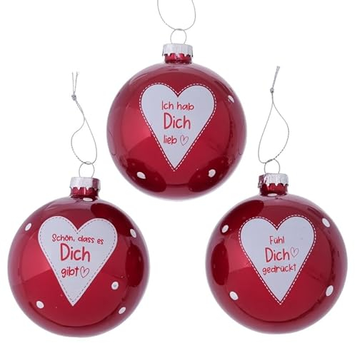 3 STK Weihnachtskugeln Sprüche b627 - Ich hab Dich lieb - Schön, DASS es Dich gibt - Fühl Dich gedrückt - 8cm Glas Christbaumkugeln Christbaumschmuck Kugeln rot weisss gepunktet