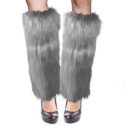 XIHIRCD Women Fluffy Leg Warmers, 15.75in Soft Furry Fuzzy Long Boot Cuffs Covers Winter Leg Warmers Faux Fur Boot Toppers for Holiday Party Costumes Clothing Accessories (Gray)
