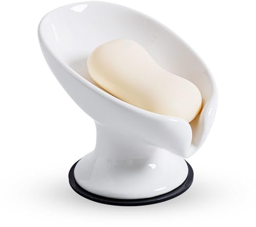 Agyiuns Porte-savon auto-drainant en forme de feuille en céramique blanche pour douche, évier de salle de bain, cuisine (grande taille, blanc, 1)