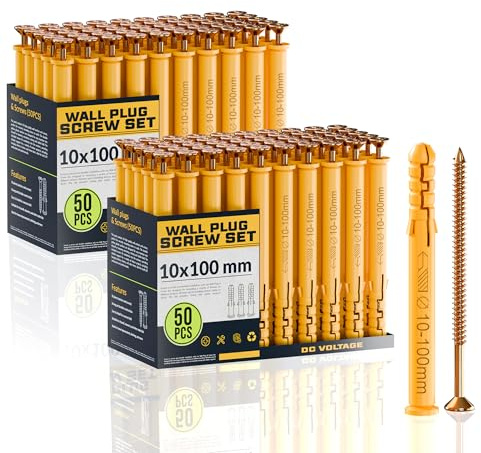 DC VOLTAGE 50pcs x 2 Wall Plugs and Screws Set 10 x 100mm Anchor Bolts for Masonry Brick Concrete Heavy Duty Brick Concrete Fixings Plugs Assorted Set