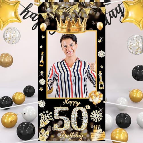POPOYU 50 Geburtstag Rahme,Deko 50. Geburtstag mann Banner,Banner 50.Geburtstag.mann,deko 50.geburtstag. Schwarz Gold banners,50.Geburtstags Photo Booth Rahmen für.mann Frauen GeburtstagParty Zubehör