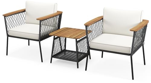 LIFEZEAL 3-teiliges Gartenmöbel Set, Lounge Set mit 2 Stühle & Beistelltisch, Balkonmöbel Set 2 Personen mit abnehmbarem Kissen & Armlehnen, Korbsessel Set für Garten Balkon Terrasse