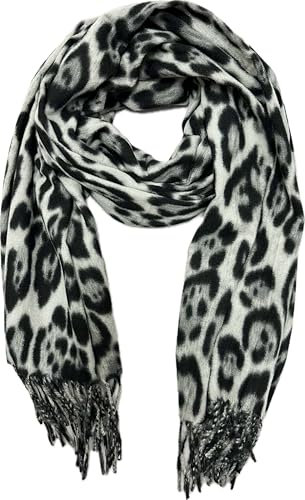 XXL Leopard Winter Herbst Schal Stola Tuch Übergangsschal Wolle Baumwolle mit Fransen Leo (Schwarz)