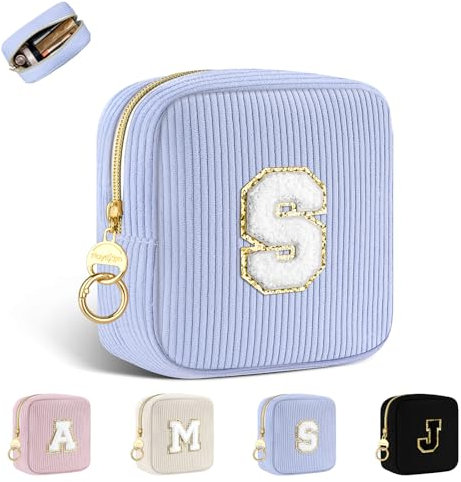 Petit Trousse Personnalisable Pochette Maquillage Femme Mini Trousse de Toilette Fille avec Initiale Sac de Cosmétiques en Velours Côtelé Personnalisée Cadeau Anniversaire Noël Filles Maman(Bleu-S)