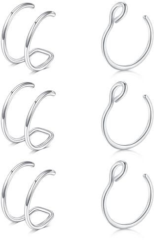 LAURITAMI 6 Stück 20G Fake Piercing Fake Septum Rings Nose Ring Edelstahl Faux Nasenpiercing Lippen Ohr NasenPiercing Set Nicht Piercing Clip Auf Nasen Creolen 8mm